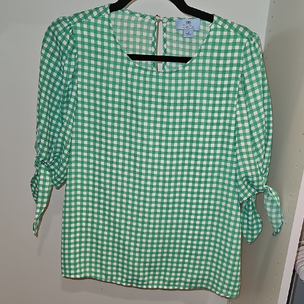 CeCe Green Gingham Blouse with Tie Sleeves
